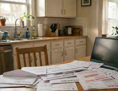 Homeowners insurance bill cover - numerous and various bills scattered on wooden table