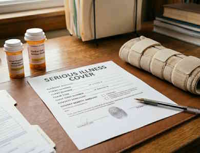 homeowners insurance serious illness cover documents with 2 medicine bottles on a table