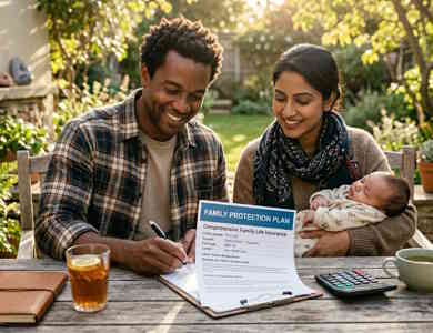 Homeowners signing documents for their life insurance